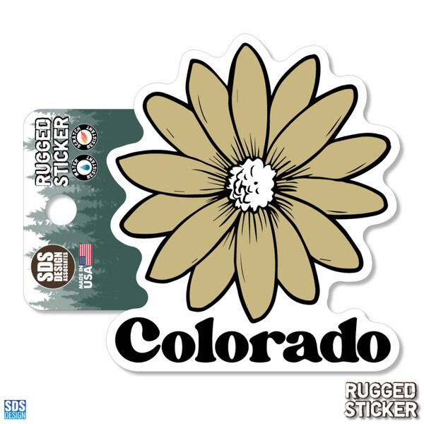 Rugged sticker featuring a large gold flower with a white center above the word "Colorado" in bold black text.